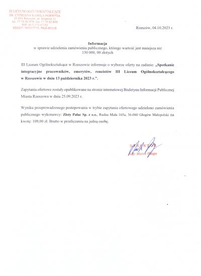 Zawiadomienie o wyborze oferty